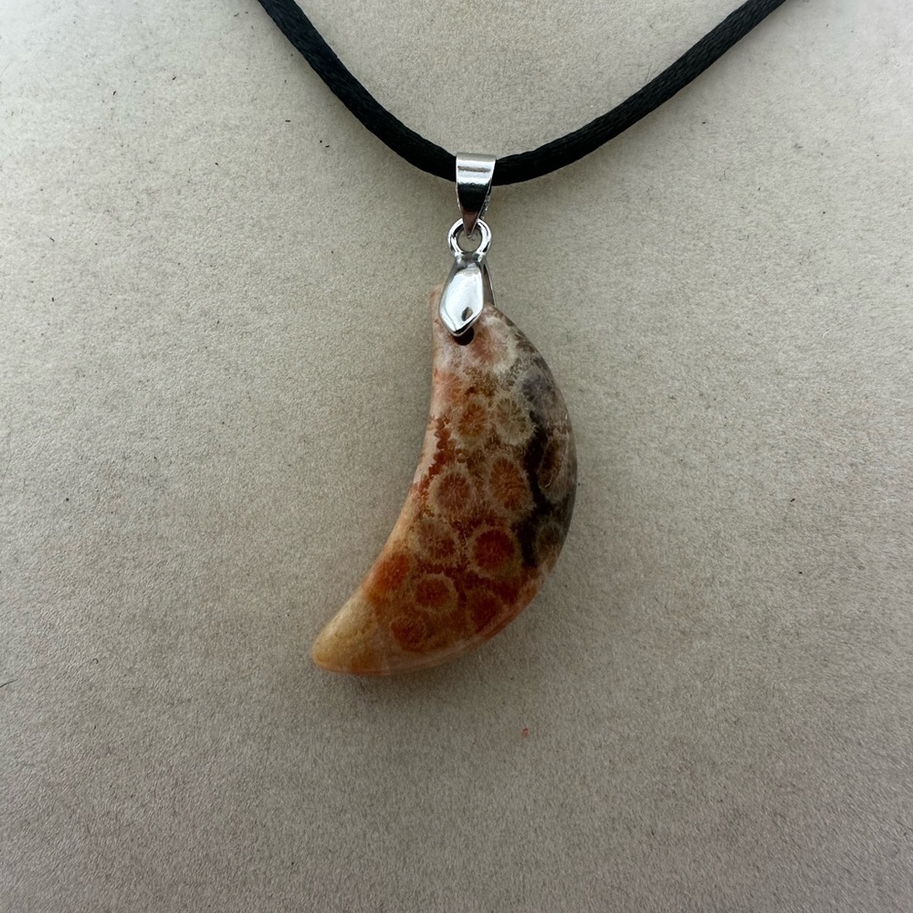 Coral Fossil Agate Crescent Moon Pendant on Satin Rope